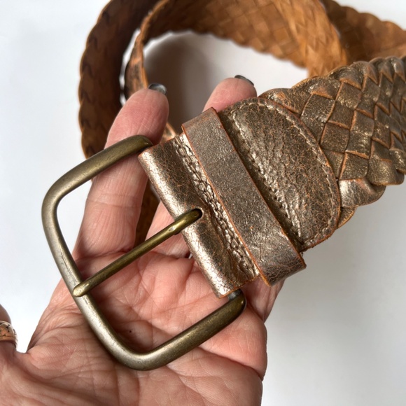 Vintage Wide 40in Gold Leather Belt Weathered Cowhide Braided Woven Boho main image 6